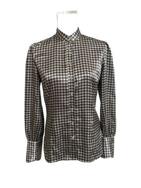 Y2K Mexx Women's 8 Medium Satin Geometrical Print Brown & Beige Long Sleeve Top